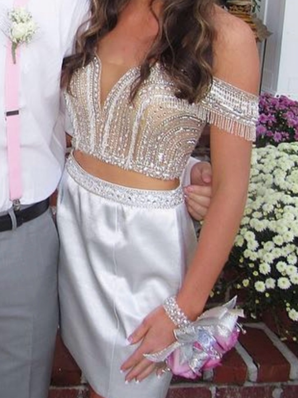 Rachel Allan Gold Beaded Bodice Silver Satin Mini Dress